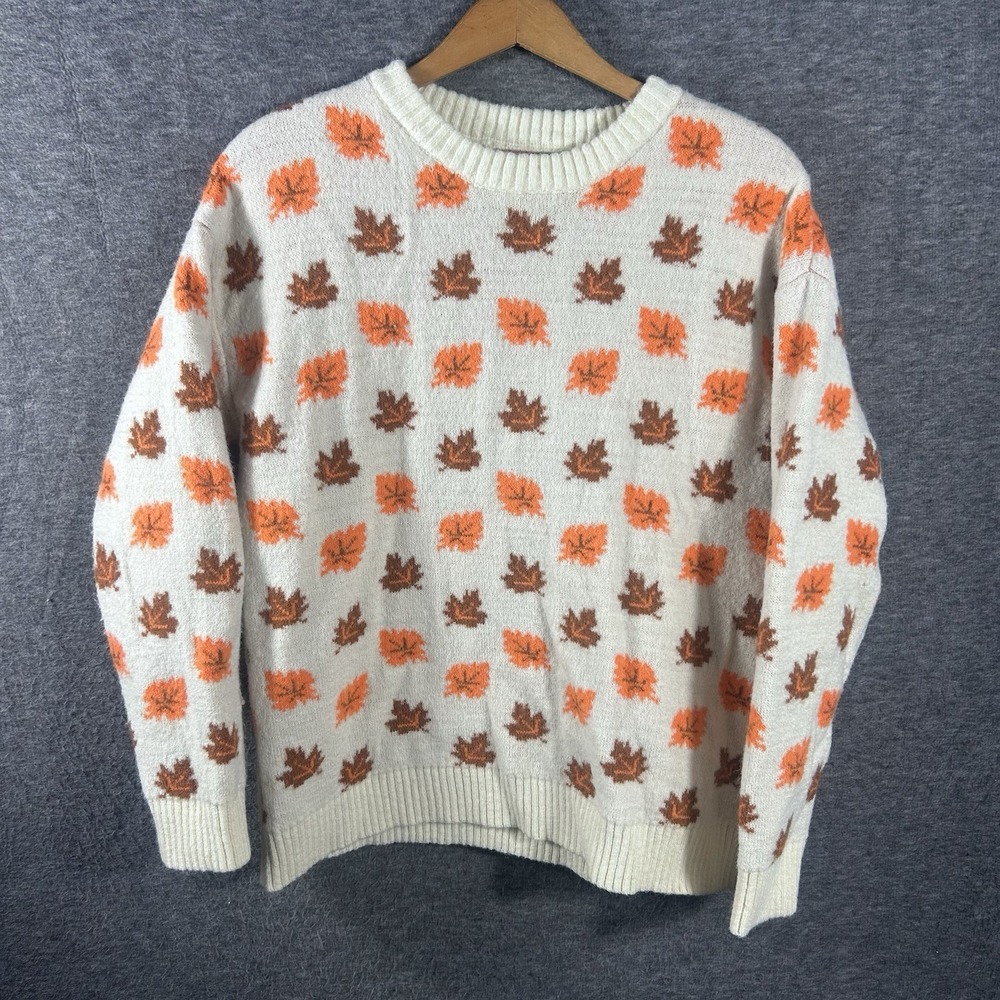 Women's Maple Leaf Novelty Print Crewneck Neck Sweater Size M Cozy Fall Office